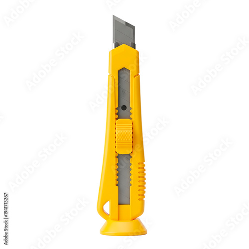 A yellow box cutter with a sharp blade, isolated on background