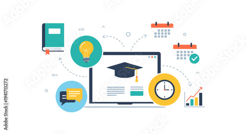 Online Education and E-Learning Concept. Digital University platform with graduation, studying, scheduling, ideas, and progress tracking.