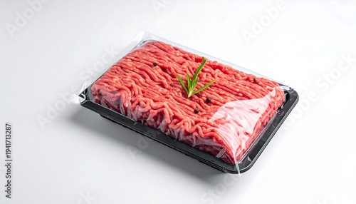 Raw ground meat, in a tray, with green herb and peppercorns, on white. Overhead shot