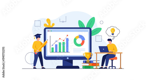 E-Learning Success and Data Analysis Illustration. Students achieve academic goals by studying remotely and reviewing performance charts on a computer screen.