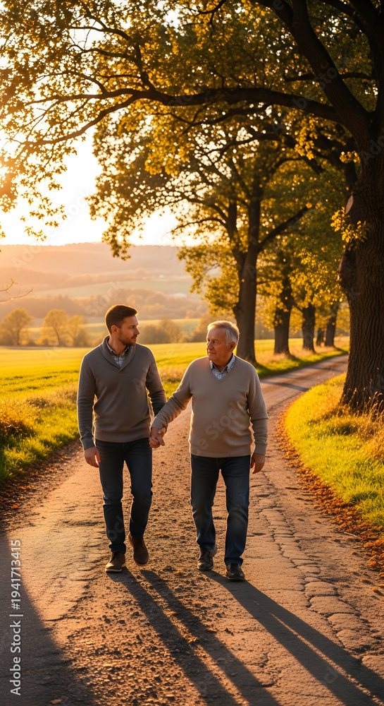 Obraz premium Father and son walking hand in hand on a country road during sunset, family bonding, autumn landscape, warm light, lifestyle