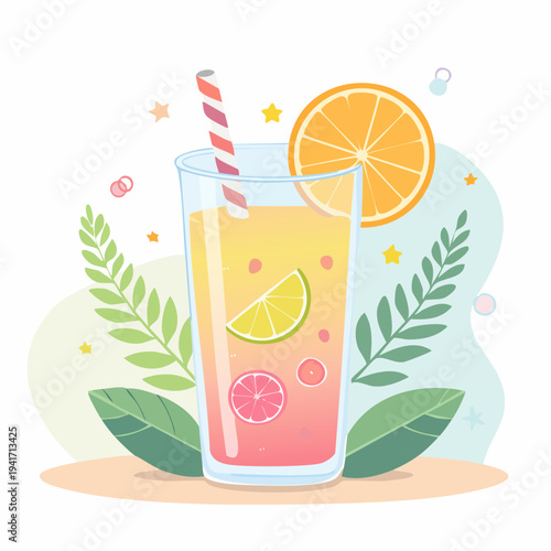 Refreshing Summer Citrus Drink Illustration with Orange, Lime Slices, Straw, and Leaves
