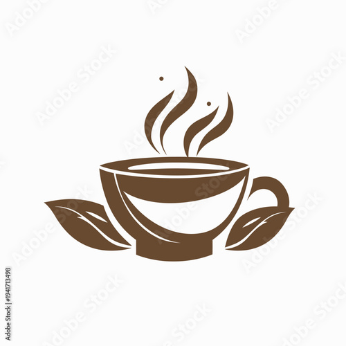Warm brown coffee cup with steam and leaves isolated on white background