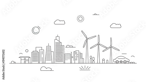 A sustainable cityscape with wind turbines and eco-friendly architecture under a sunny sky