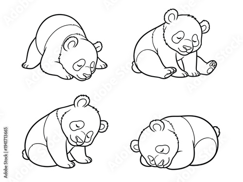 four adorable panda cubs are playfully positioned in various tumbling and relaxed poses depicted as a black and white line drawing