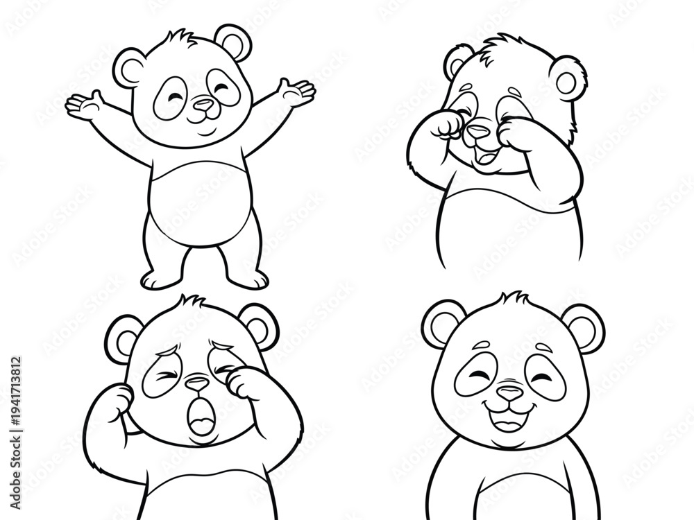 Obraz premium Four adorable panda cartoon characters are depicted in various playful poses expressing different emotions through their body language and facial expressions