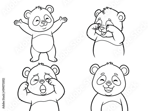 Four adorable panda cartoon characters are depicted in various playful poses expressing different emotions through their body language and facial expressions