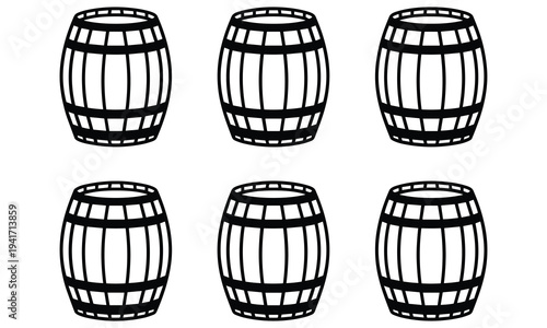 Tableau sur toile Collection of six wooden barrels arranged in two rows on a white background, symbolizing storage and traditional craftsmanship in a simple black and white illustration style