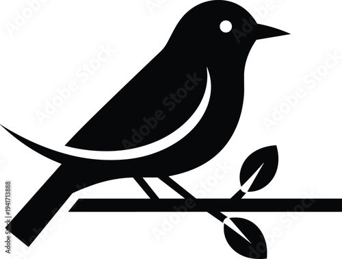 Simple black silhouette of a bird perched on a branch with leaves Keywords: bird, silhouette, perch, branch, leaves, nature
