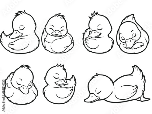 a delightful collection of cartoon ducklings in various peaceful sleeping poses outlined in simple black and white illustrations high quality professional
