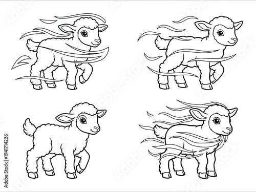 A charming black and white illustration depicts four adorable lambs with fluffy wool playfully surrounded by swirling wind currents and gentle breezes