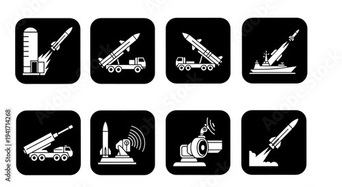 Various Military Missile Launchers and Rockets in Black Icons
