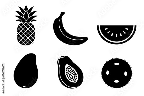 Collection of healthy tropical fruit silhouettes including pineapple banana and exotic fruits for food nutrition and vegetarian lifestyle designs