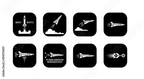 Space Rocket Icons Set in Black and White Colors, War, icon, icons, World War, WW3.