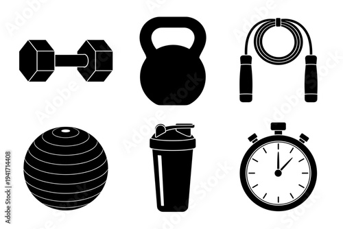 Set of fitness and workout equipment silhouettes including gym gear and timing tools for exercise and healthy lifestyle activity projects