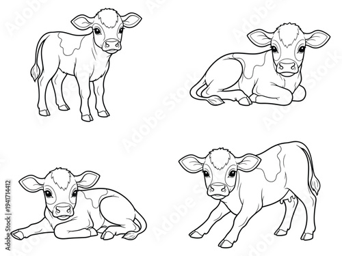 A charming black and white illustration depicts four young cows in various relaxed poses showcasing their gentle nature and farm life