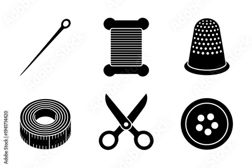 Collection of sewing and needlework icons featuring tailoring tools and garment accessories for fashion design and craft hobby projects