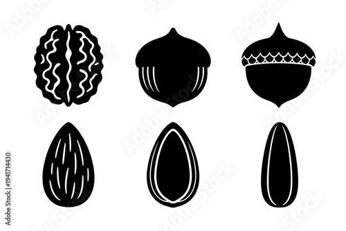 Assortment of different nuts and seeds silhouettes for healthy food culinary ingredients and plant based nutrition design resource elements