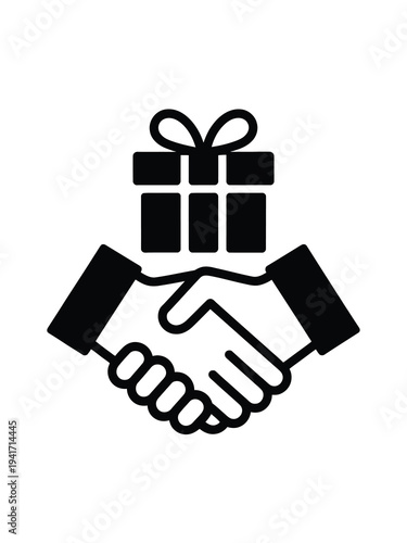 A symbolic image of a handshake with a gift box above