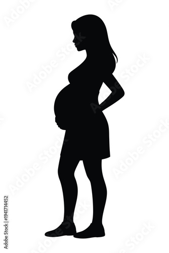 Silhouette of a pregnant woman standing in profile against a white background