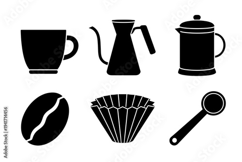 Set of coffee brewing equipment and cafe icons including beans and preparation tools for barista business and beverage menu design projects