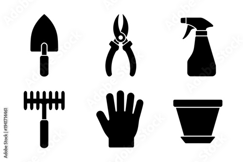 Gardening tools set including trowel shears spray bottle rake glove and pot in flat vector style for landscaping design and botanical projects collection