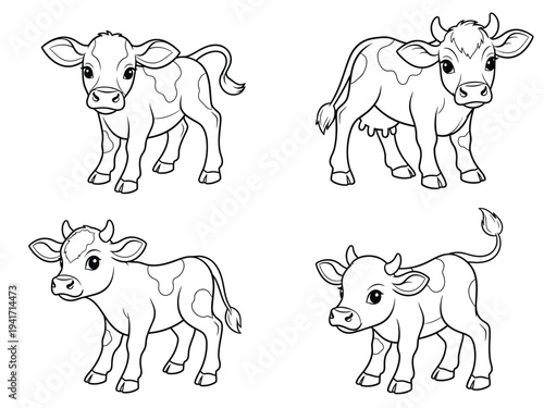 A charming black and white illustration depicts four adorable young cows each with a unique pose and expression conveying innocence