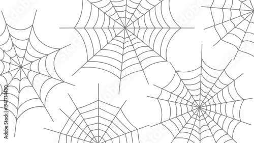 Several detailed spiderwebs are illustrated in grayscale on a white background