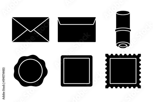 Postal and mail communication icons set featuring envelopes scroll postage stamp and wax seal in simple vector style for office stationery design elements