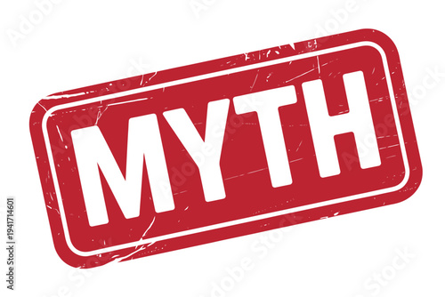Red stamp with the word myth written in white capital letters
