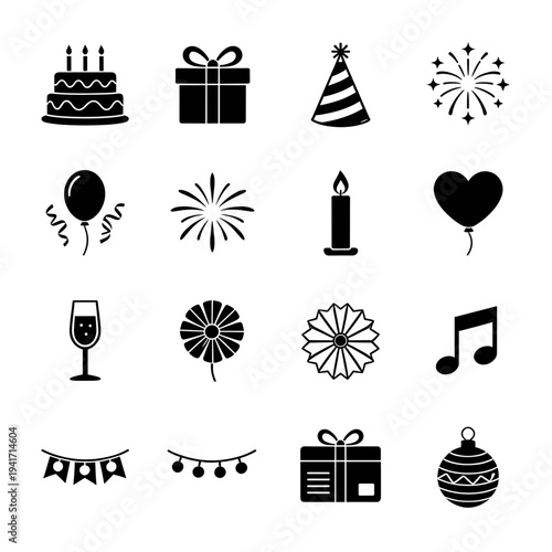 Collection of party and celebration flat black silhouette icons for birthday holiday event decoration and festive social media graphics