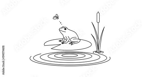 Frog on a lily pad observing a fly in a pond.