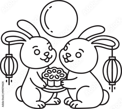 couple of rabbits celebrate mid autumn festival. one line art icon drawing vector