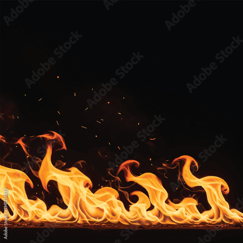 Flames Burning on Dark Background with Sparks
