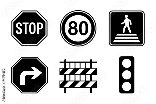 Collection of essential road traffic and safety signs black silhouette icons for transportation navigation and urban infrastructure design