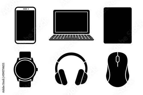 Collection of modern digital technology and electronic device black silhouette icons for communication connectivity and mobile computing