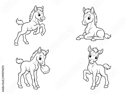 a charming collection of four cartoon foals depicted in a black and white line art style showcasing playful poses and youthful energy