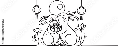 couple of rabbits celebrate mid autumn festival. one line art icon drawing vector