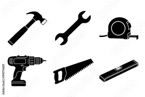 Collection of essential construction and repair tool icons in black silhouette style perfect for DIY renovation or professional maintenance projects
