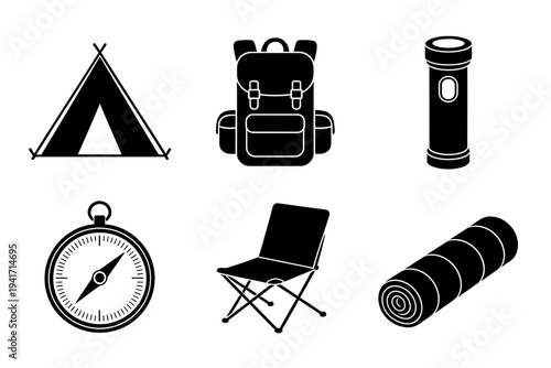 Set of outdoor camping and hiking equipment black silhouette icons for travel adventure nature exploration and wilderness gear collection