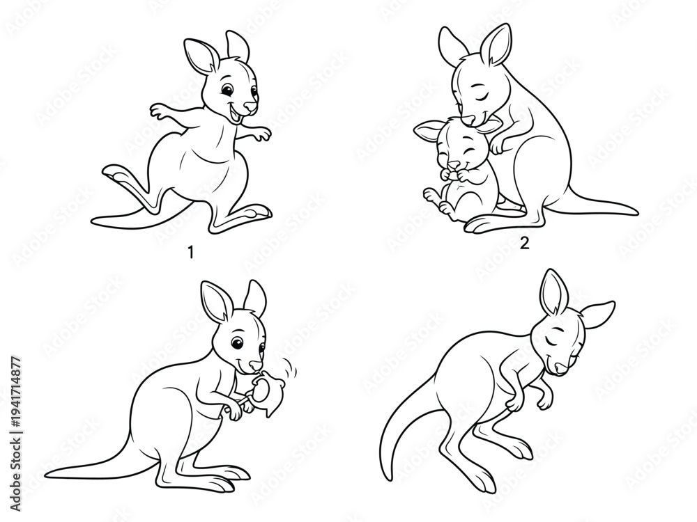 Naklejka premium this black and white illustration depicts four kangaroos in various poses including hopping resting and nurturing a joey showcasing their anatomy