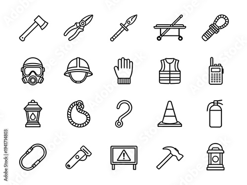 Comprehensive collection of essential emergency rescue equipment and safety construction tools vector icons set isolated on a white background design