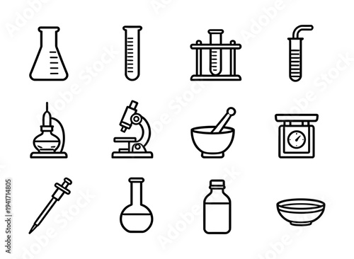 Scientific laboratory equipment and chemistry research tools vector icons collection for medical analysis and biology education isolated on white background