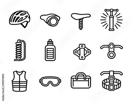 Professional bicycle maintenance repair tools and cycling safety accessories vector icons set for sports and outdoor biking activities isolated on white
