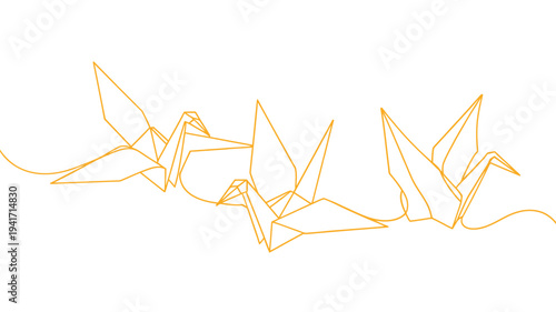 Minimalist line drawing of five golden origami cranes in a row