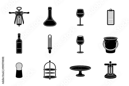 Elegant collection of bar and wine service tools vector icons set for restaurants hospitality catering and sophisticated beverage preparation isolated on white