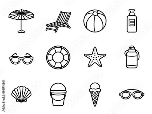 Summer vacation beach lifestyle and seaside holiday accessories vector icons collection for tropical travel leisure and outdoor activities isolated on white