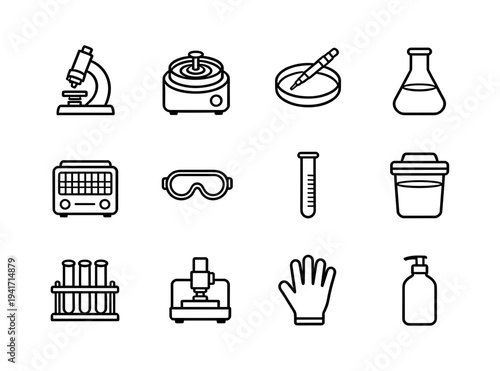 Collection of professional laboratory and scientific research equipment vector icons for chemistry biology experiments and clinical diagnostics design
