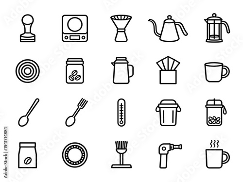 Barista and coffee preparation brewing equipment vector icons set for café menu design and morning beverage making routines and home kitchen tools
