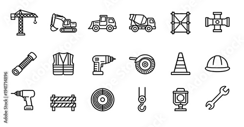 Professional construction and building site equipment vector icons set for engineering architecture and industrial maintenance project design elements